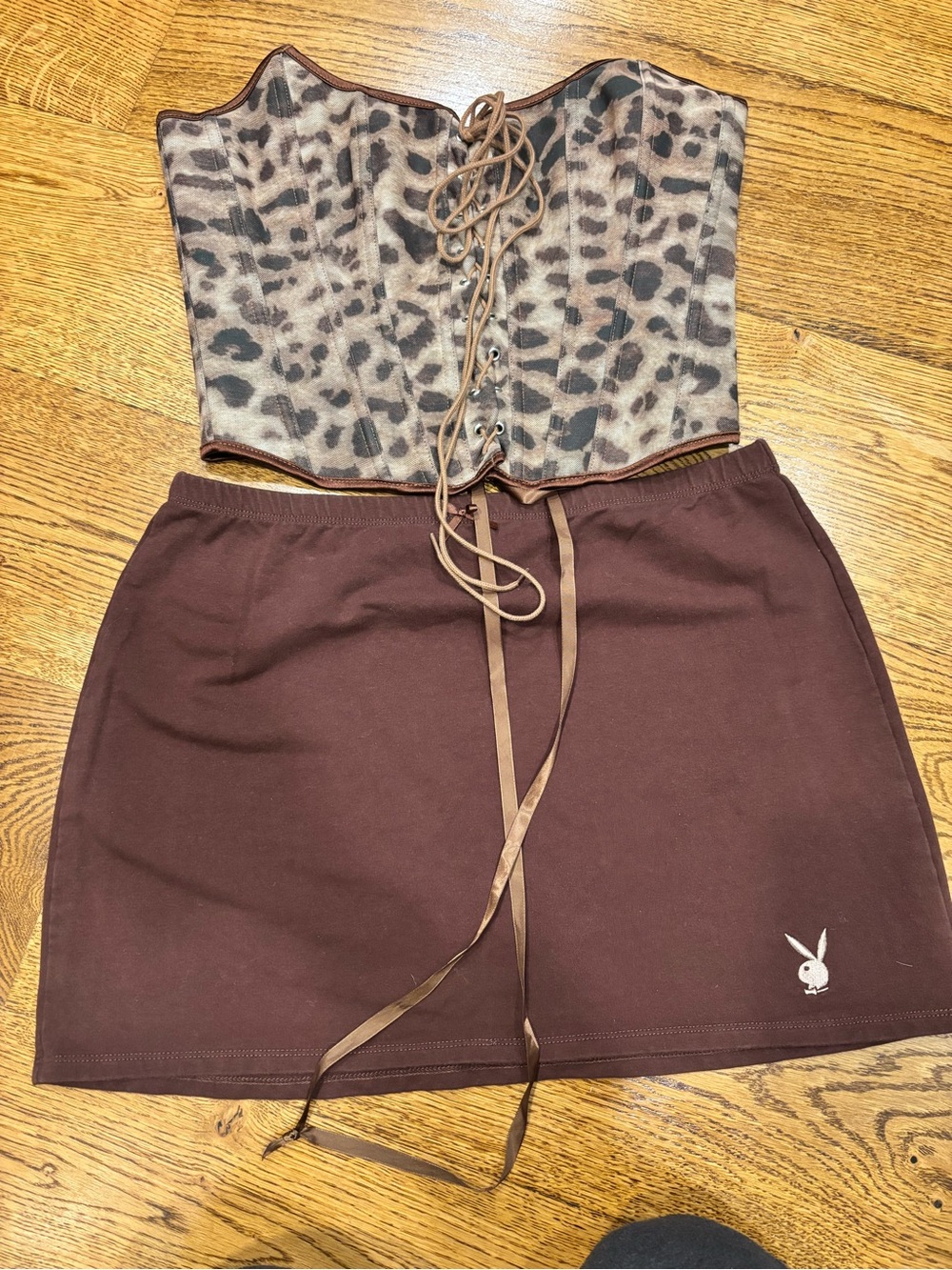 PACSUN Solid Brown Mini Play Boy Bunny Skirt With Cheetah SHEIN Corset Top L